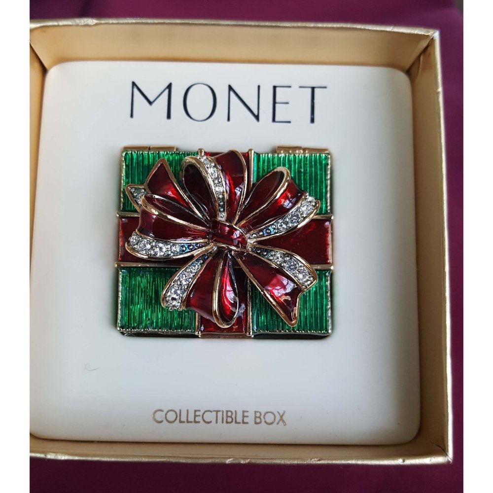 MONET "Green & Red Holiday Gift" Collectible Enamel Crystal Rhinestone Box